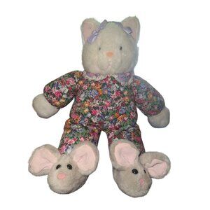 Vintage Plush Creations Inc. 1992 Cat Doll In Floral pajamas With Mouse Slippers